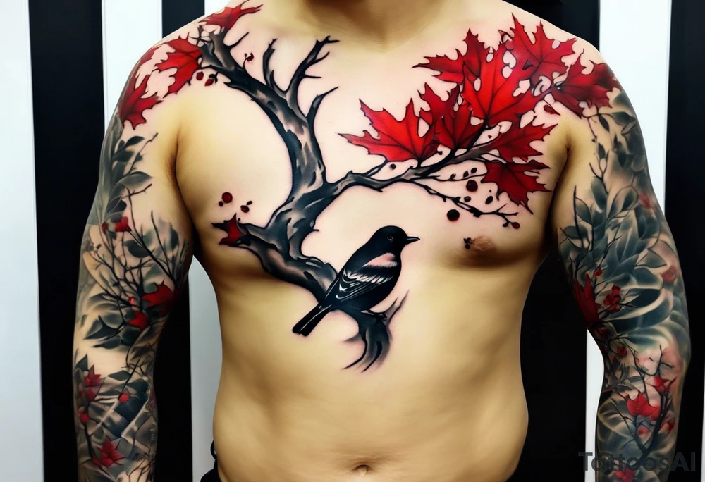 trash polka style. Arm tattoo. chest tattoo. Long tattoo. large tattoo. Full sleeve. Shoulder. A single large maple tree with red autumn leaves that branches upwards from wrist to shoulder. White-throated dipper bird on the trees branches. Calluna flowers at the base of the trees stem. Tree stem has dark colors. Red/yellow sunset behind the trees stem. Leaves falling. tattoo idea