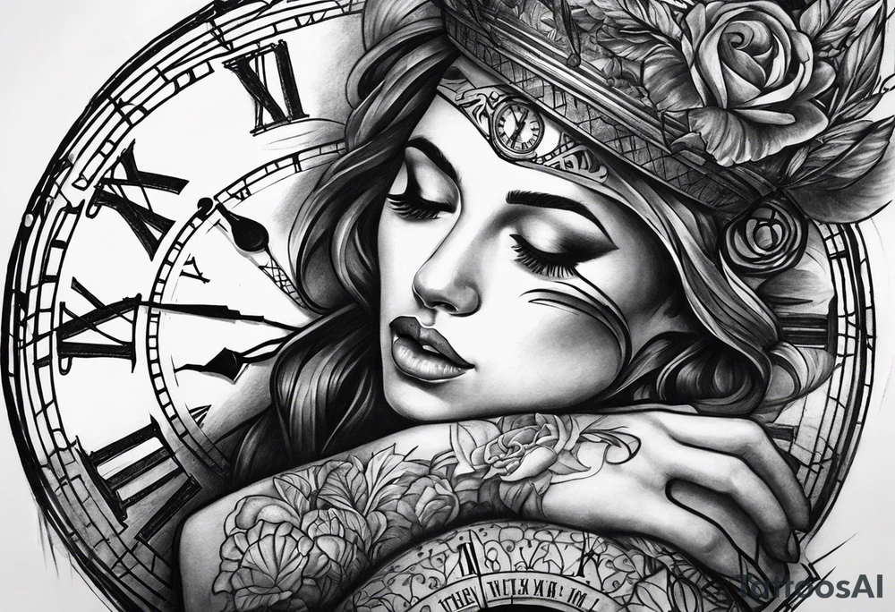 Draw me a tattoo located on the shoulder and upper arm of a man. The tattoo represents a clock and  an hourglass with Roman numerals in the background. It is a symbol of the passing of time. tattoo idea
