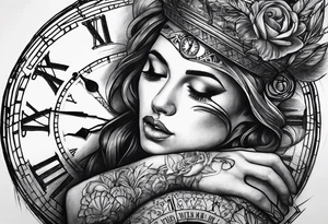 Draw me a tattoo located on the shoulder and upper arm of a man. The tattoo represents a clock and  an hourglass with Roman numerals in the background. It is a symbol of the passing of time. tattoo idea