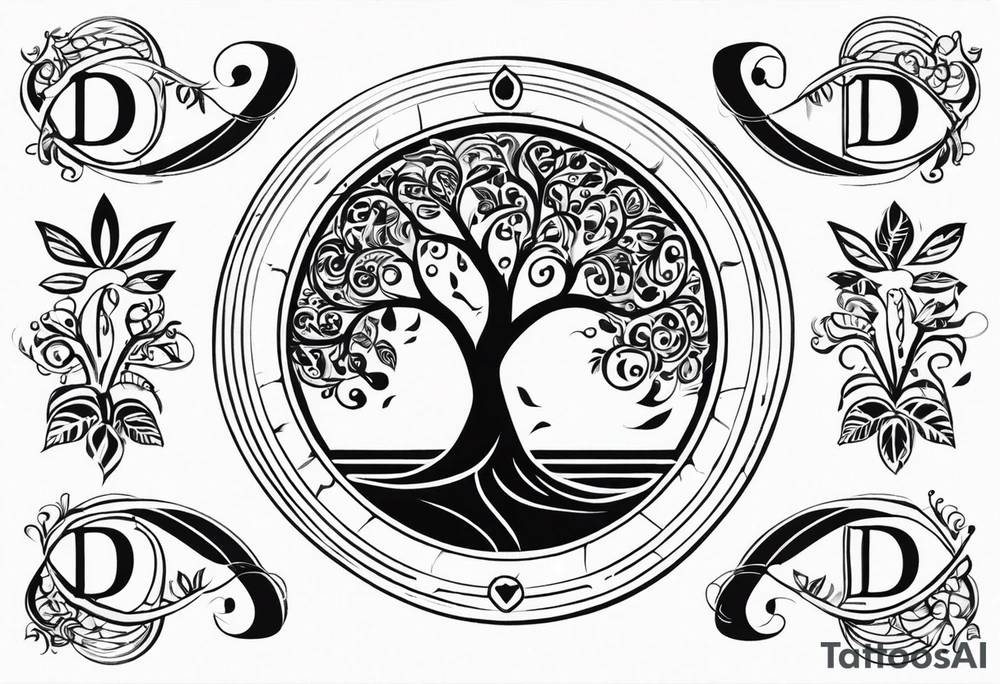 Circular tree of life with the letter D shown 3 times tattoo idea