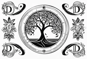 Circular tree of life with the letter D shown 3 times tattoo idea