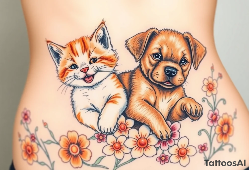 A white and orange kitten happy as can be I can even see a smile while a brown puppy full of love and joy rolling around in a bed of flowers together tattoo idea
