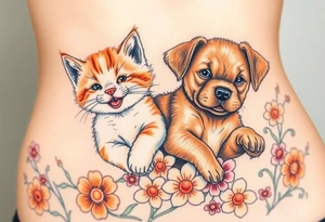 A white and orange kitten happy as can be I can even see a smile while a brown puppy full of love and joy rolling around in a bed of flowers together tattoo idea