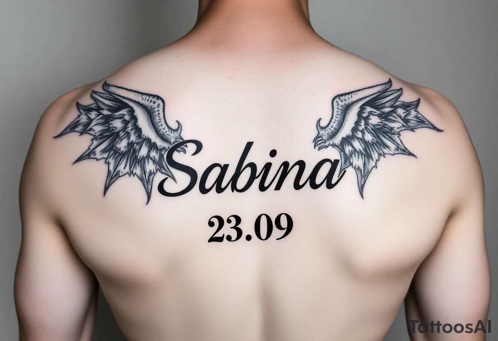 Tattoo with name Sabina and date 23.09 japanese style tattoo idea