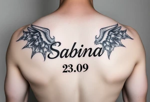 Tattoo with name Sabina and date 23.09 japanese style tattoo idea