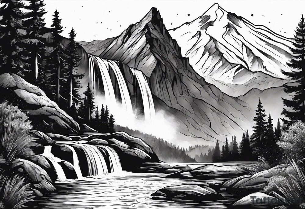 mountains, nature, stars, cross, waterfall, water tattoo idea
