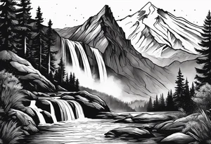 mountains, nature, stars, cross, waterfall, water tattoo idea