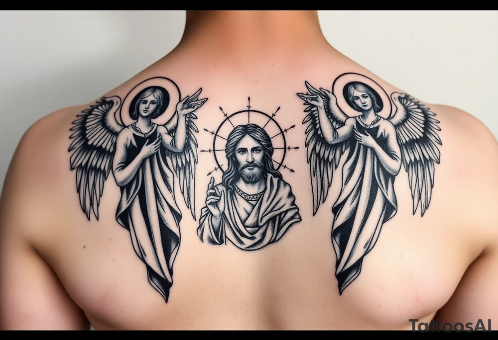 russian orthodox symmetrical guardian angel icon on left and right side of back with both angels holding up a jesus potrait tattoo idea