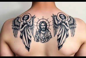 russian orthodox symmetrical guardian angel icon on left and right side of back with both angels holding up a jesus potrait tattoo idea