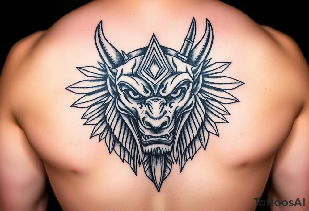 Angry muscle Egyptian Anubis god face tattoo idea