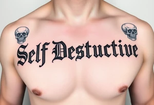 An outline of The words “Self Destructive” in a Chicano/Old English Font across the chest, with lots of shading behind the words and some skulls tattoo idea