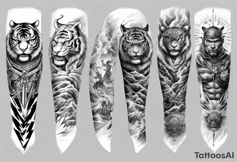 Tiger Warrior sleeve tattoo with lightning and the sun
Forearm sleeve tattoo idea