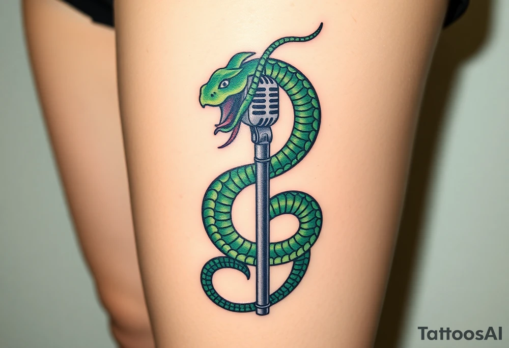 A serpent coiled around a microphone stand, with shades of green and black, representing temptation and rebellion tattoo idea