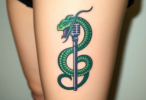 A serpent coiled around a microphone stand, with shades of green and black, representing temptation and rebellion tattoo idea