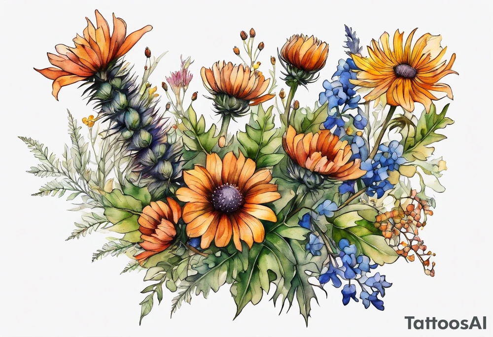 mixed wildflower cascading with thistles, ferns, burnt orange white and yello flowers all in watercolor tattoo idea