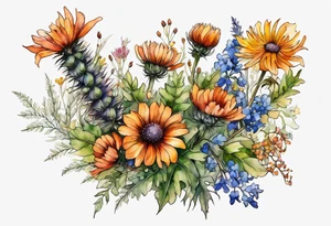 mixed wildflower cascading with thistles, ferns, burnt orange white and yello flowers all in watercolor tattoo idea