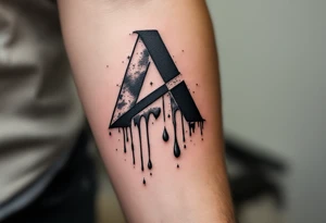 dripping ink "A" in matte black with bold smudges below. tattoo idea