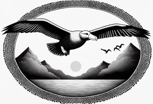 flying giant albatross symmetrical, circle background tattoo idea