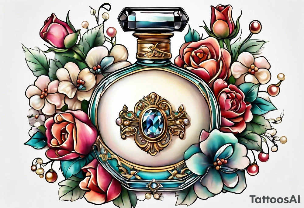 Pearl necklace wrapped around 1950s perfume bottle with flowers and bows surrounding tattoo idea