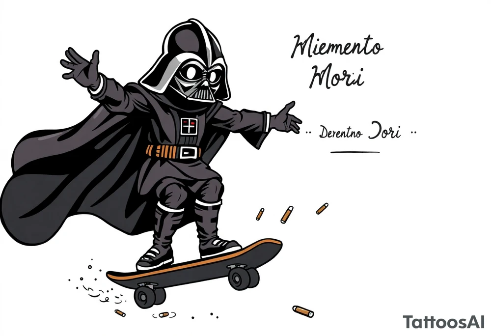 Skateboarding Darth Vadar saying "Memento Mori", outdoors, heaven, bullets
SETH J. CARTER
12/29/88-01/06/24 tattoo idea