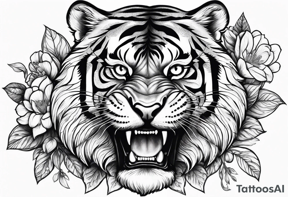 Flower with the middle as an open tiger mouth tattoo idea