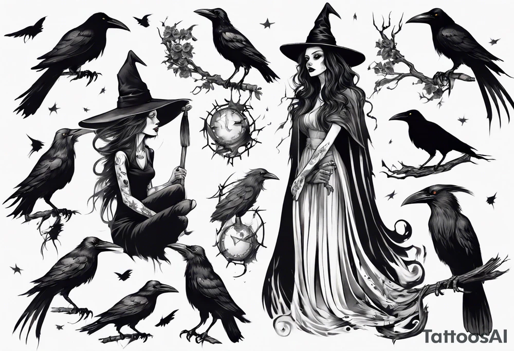a witch with crows in black and white tattoo idea