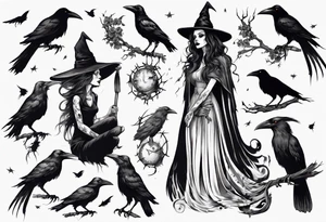 a witch with crows in black and white tattoo idea