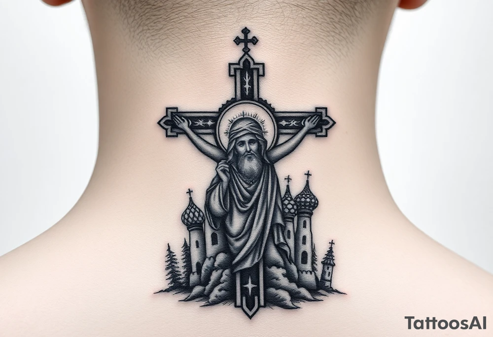 Traditional orthodox ICXC Christian cross with an orthodox portrait Jesus Christ on the cross in a wilderness Russian Kremlin setting tattoo idea