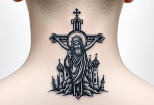 Traditional orthodox ICXC Christian cross with an orthodox portrait Jesus Christ on the cross in a wilderness Russian Kremlin setting tattoo idea