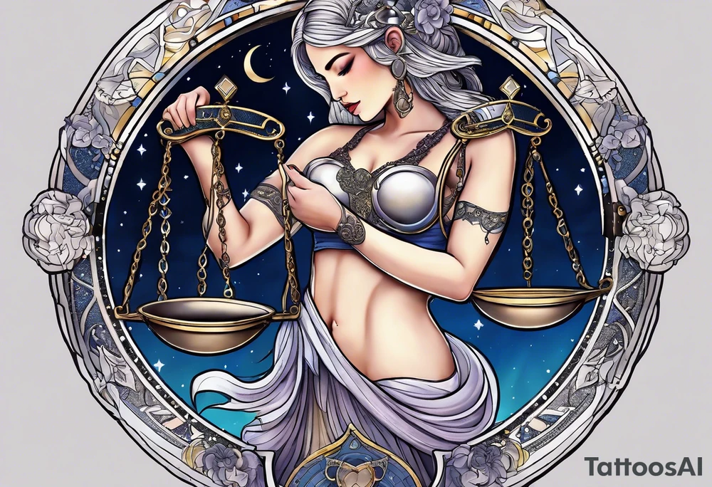 Libra woman holding scales with a night zodiac background including a half moon that encircles half of the woman tattoo idea