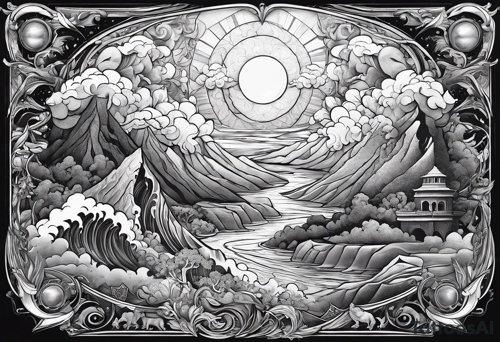 A visual representation of the creation story from the bible. 16" tall 6" wide tattoo idea