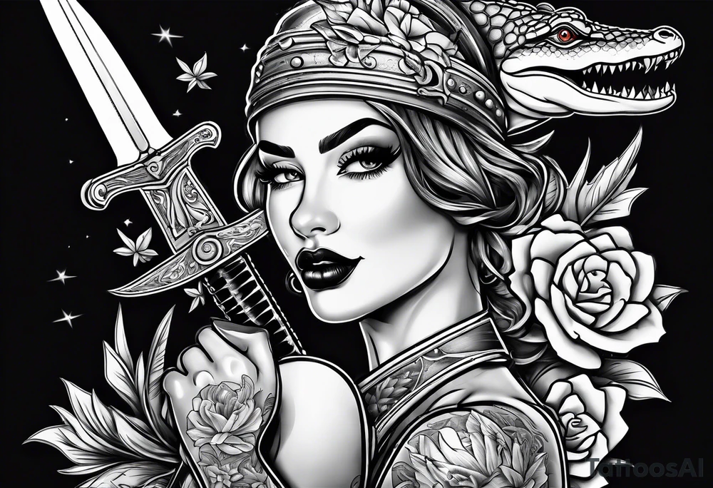 Dagger with an alligator and topless pinup girl tattoo idea