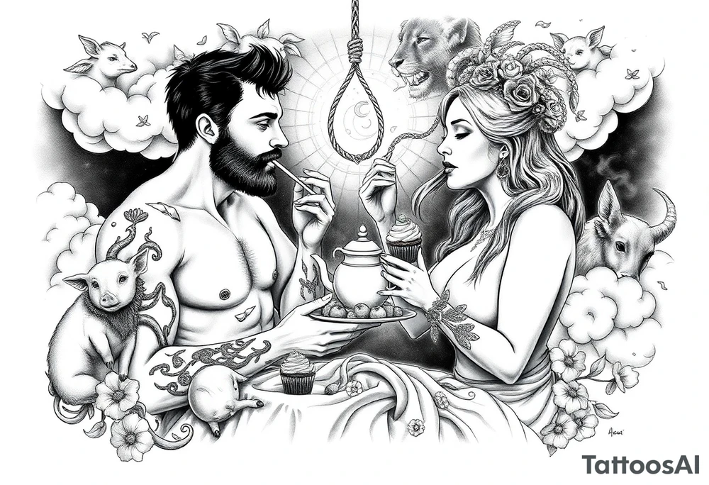 Mystical Naked Man and woman having sex eating cupcakes and  fruit  having sex clouds gothic sexy naked fat lady having a tea party with tea pot at a famcycastle  
with a pigs, peacock, noose, lion, goat, smoking cigerettes looking in the mirror thru storm clouds with razor blades and broken hearts and darkness and wrath, envy , gluttony, greed, sloth, pride kill tattoo idea