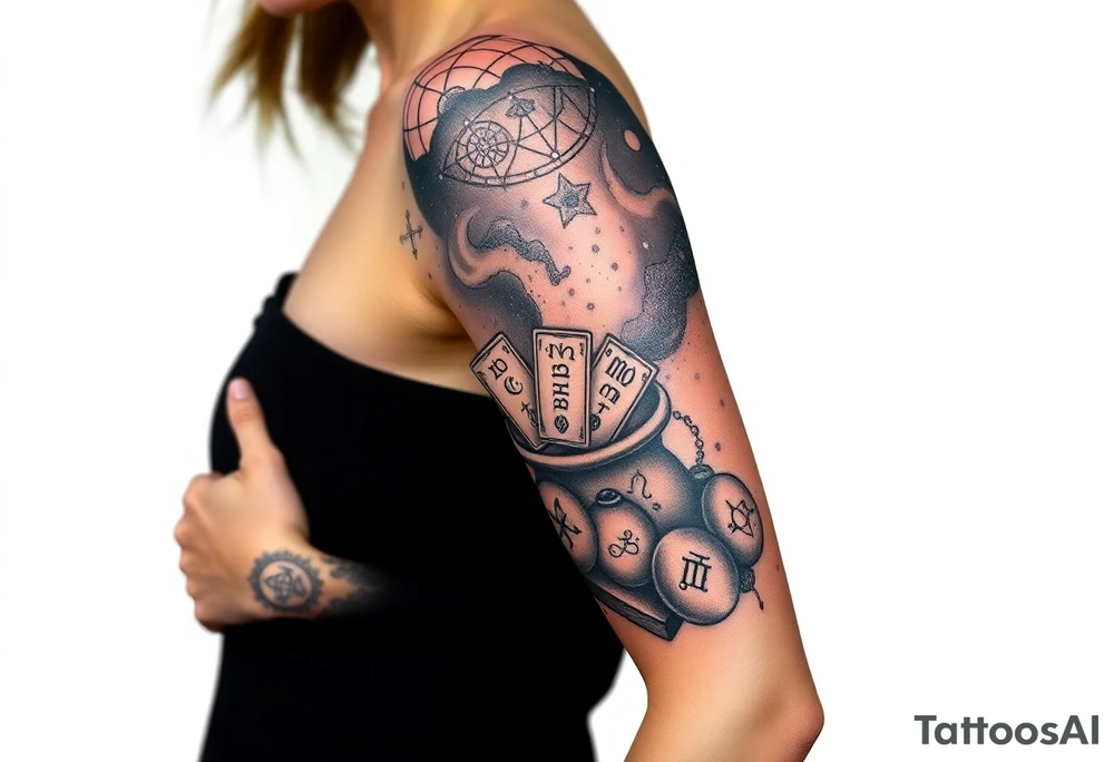 Milky way filled with zodiac symbols runes tarot cards coming out of a cauldron tattoo idea