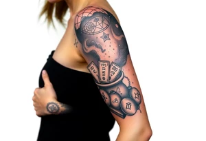 Milky way filled with zodiac symbols runes tarot cards coming out of a cauldron tattoo idea
