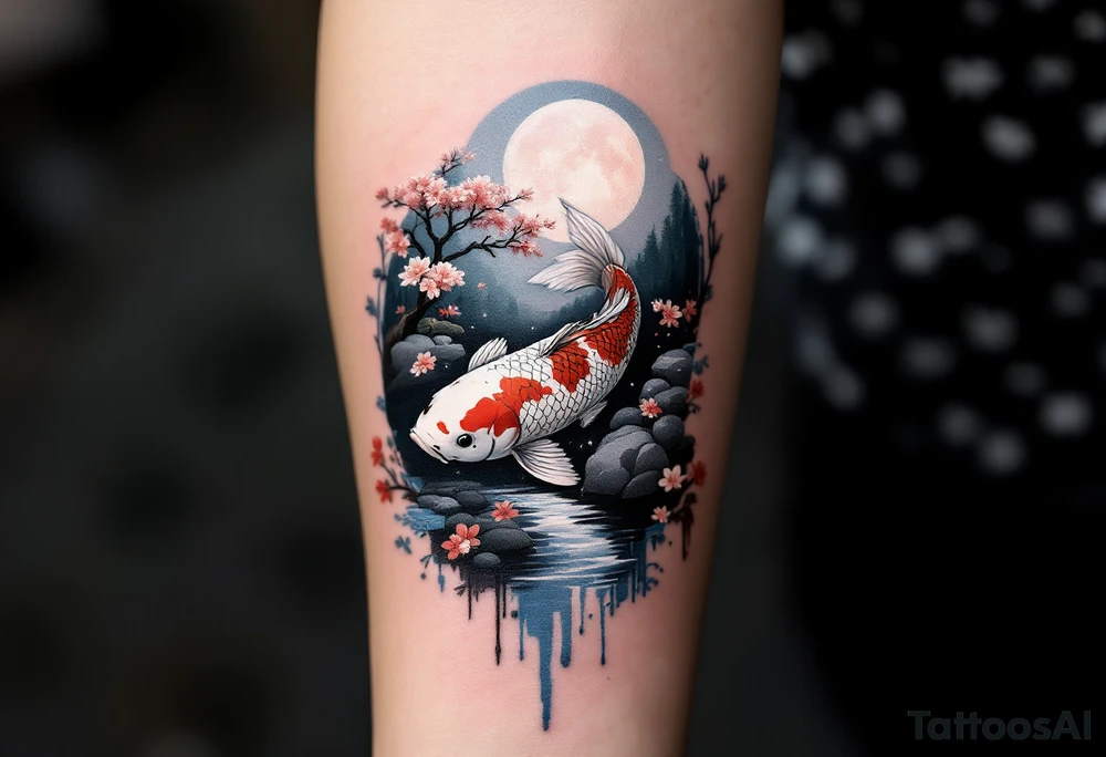a koi fish swimming upstream in a pond moonlight by the full moon with a sakura tree by the pond tattoo idea