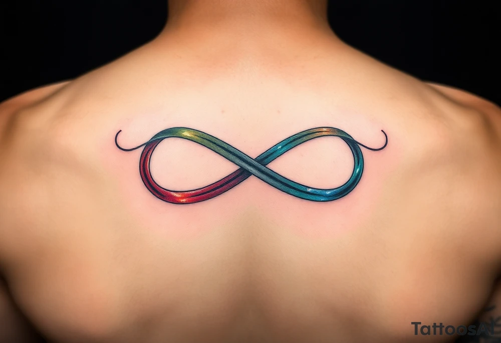 an infinity symbol with 5 colors of ribbons 3 march birthstone color, 1 october birthstone color, and 1 july birthstone color tattoo idea