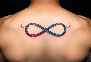 an infinity symbol with 5 colors of ribbons 3 march birthstone color, 1 october birthstone color, and 1 july birthstone color tattoo idea