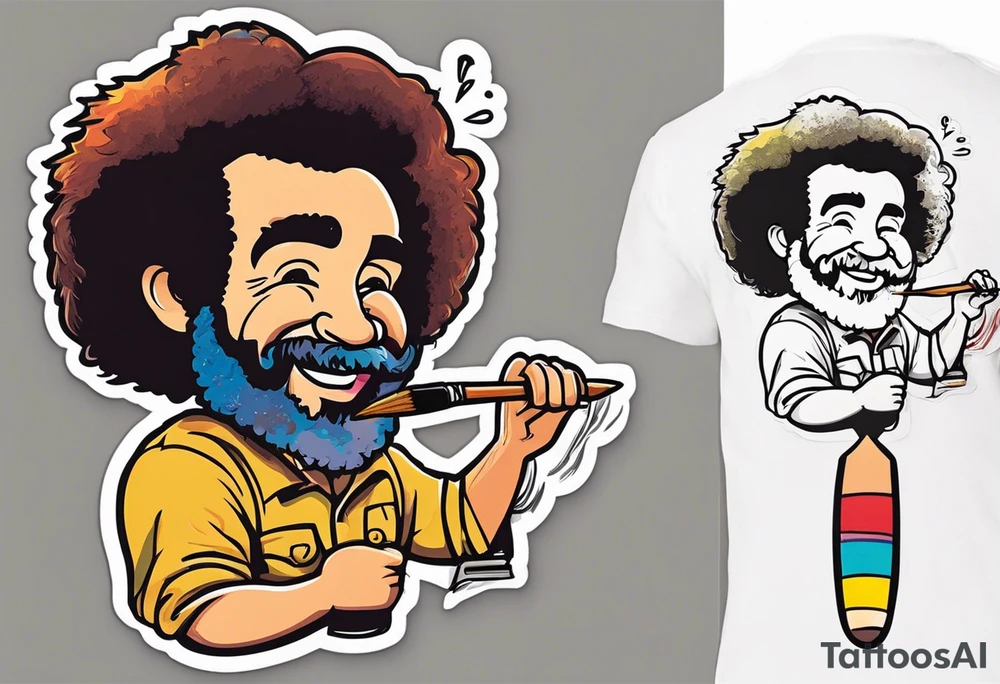 Bob Ross with a paint brush in one hand, paint palette in the other hand. tattoo idea