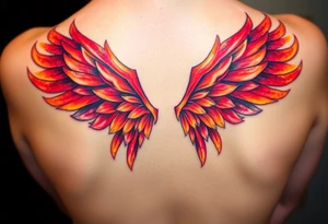 A pair of wings made from fire flames, transitioning from deep red at the base to golden yellow at the tips, symbolizing strength and courage. tattoo idea