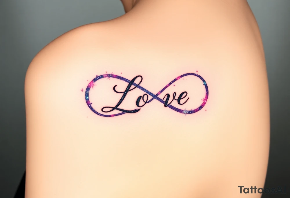 A galaxy-inspired infinity symbol in shades of purple, blue, and pink, with "Love" appearing in a shimmering, ethereal script. tattoo idea