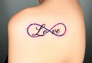 A galaxy-inspired infinity symbol in shades of purple, blue, and pink, with "Love" appearing in a shimmering, ethereal script. tattoo idea