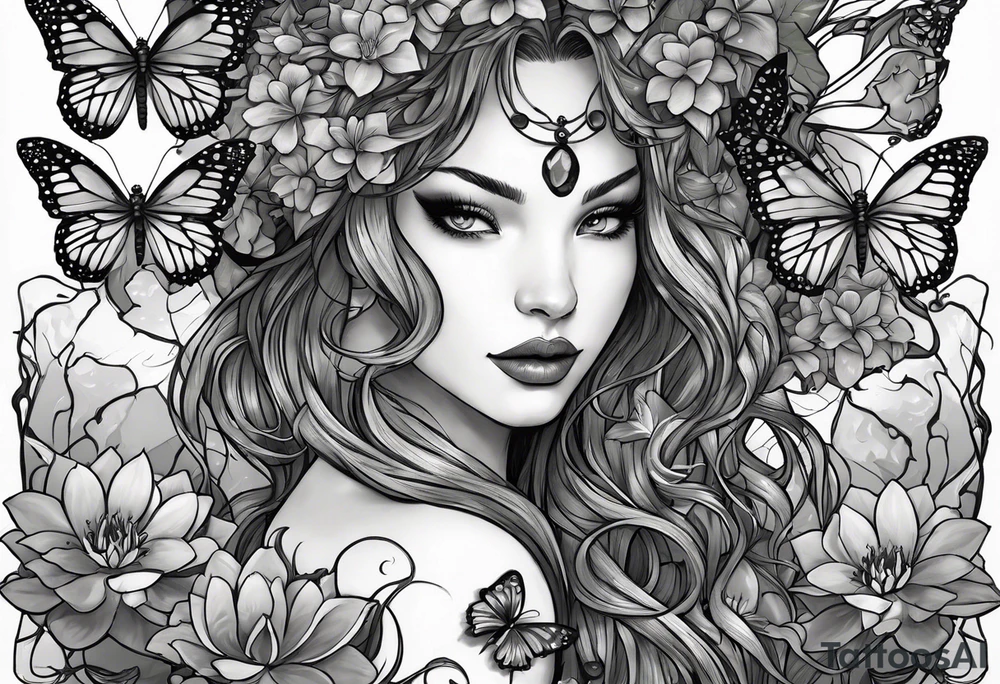 poison ivy wrapped around a hand holding water lilies surrounded with butterflies around with “Zane”, “Nate”, “Jaiden” tattoo idea