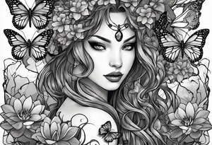 poison ivy wrapped around a hand holding water lilies surrounded with butterflies around with “Zane”, “Nate”, “Jaiden” tattoo idea