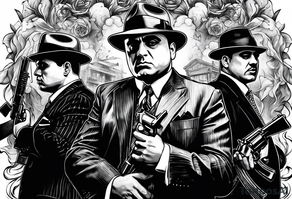 group of gangsters including Al Capone with machine guns surrounded by smoke and fire tattoo idea