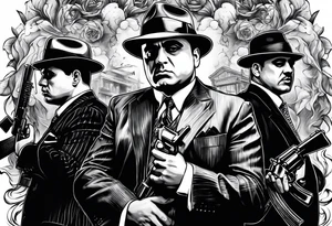 group of gangsters including Al Capone with machine guns surrounded by smoke and fire tattoo idea