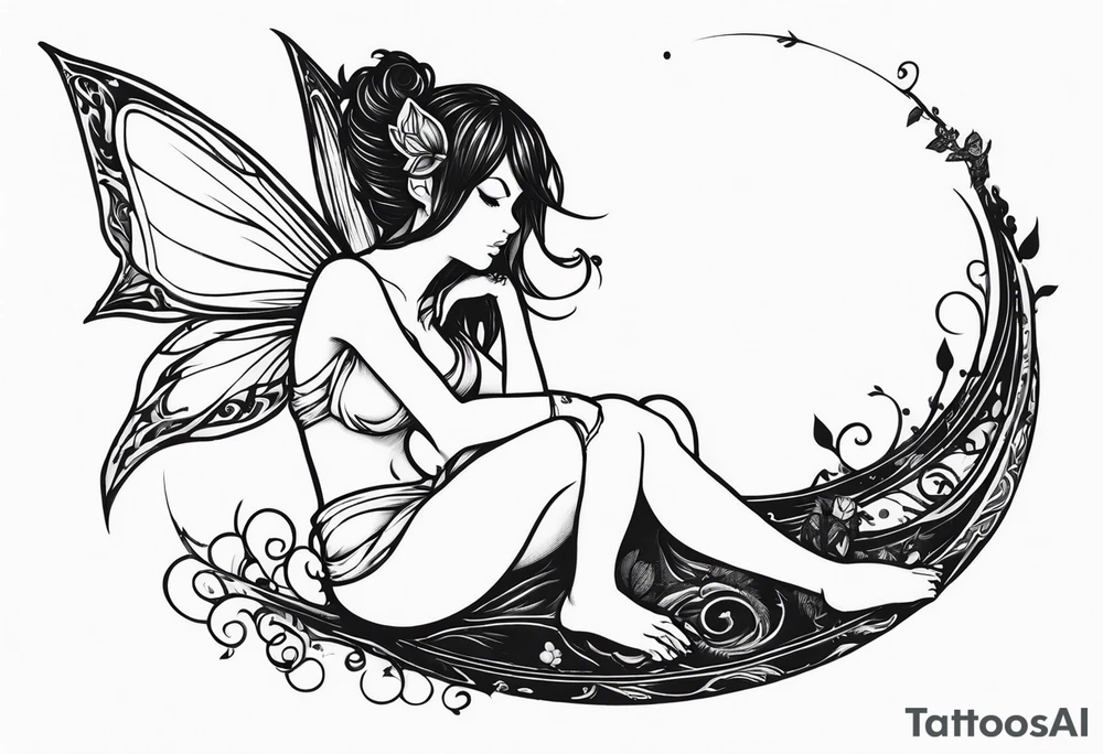 A fairy with a tail inspired by the logo of the show called Fairy Tail in a fetal position tattoo idea