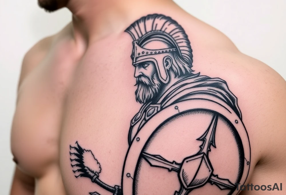 a powerful, epic Achilles in armor with a spear and shield, looking prepared for battle tattoo idea
