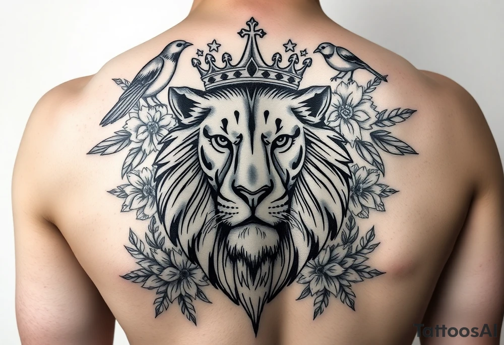 powerful majestic lion with a crown, surrounded by floral ornaments and birds tattoo idea