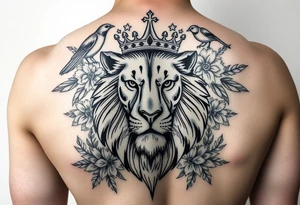 powerful majestic lion with a crown, surrounded by floral ornaments and birds tattoo idea